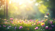 © Daiyan - Lush sunlit garden with blooming flowers and soft morning light, illuminating a vibrant forest meadow filled with colorful wildflowers in magical forest, creating a sense of wonder and enchantment.