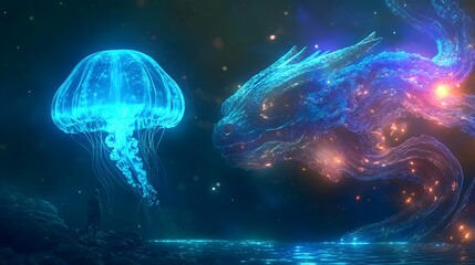 Wall Mural - a jellyfish dragon hybrid, floating weightlessly through an underwater kingdom of glowing ruins