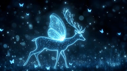 Wall Mural - a glowing deer with butterfly wings, gracefully moving through a bioluminescent meadow