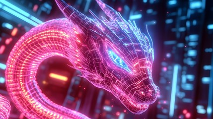 Wall Mural - a cybernetic dragon coiled around a neon-lit skyscraper, its eyes glowing with ai intelligence