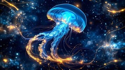 Wall Mural - a jellyfish-dragon hybrid floating through an intergalactic ocean, its tentacles leaving a glowing t