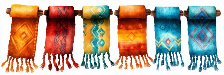 Aufkleber - Colorful Watercolor Scarves with Ethnic Patterns Hanging on a Wooden Rack Perfect for Textile Design Fashion and Home Decor Projects