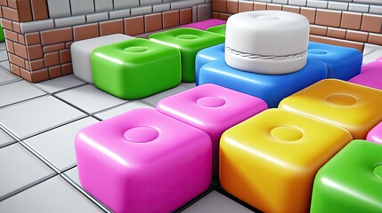 Wall Mural - Geometric arrangement one stacked round object atop colored cubes, tiled floor with brick border