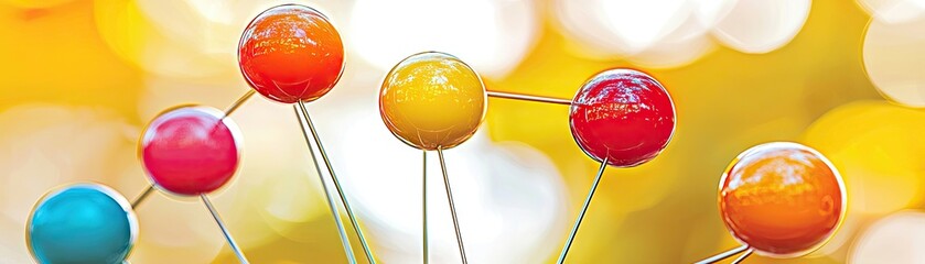 Sticker - abstract colorful molecules on yellow background. connection, chemistry, science use