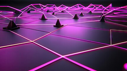 Poster - cones connected by light, in a network on flat surface. abstract tech and communication background