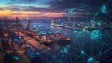 Hyper-connected port with automated cranes, AI-driven cargo management, and smart maritime logistics technology.