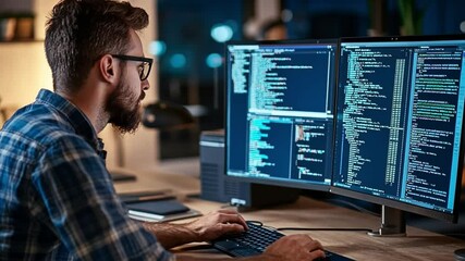 Coding Brilliance: A focused programmer, immersed in lines of code on dual monitors, embodies modern technology, showcasing innovation and expertise in a low-light setting.