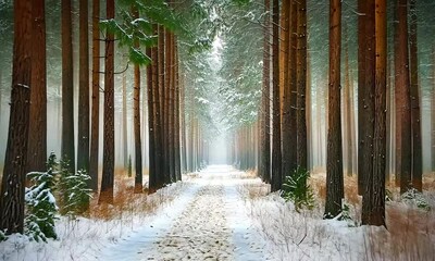 Wall Mural - Serene Winter Forest Path with Snow-Covered Ground Among Tall Evergreen Trees in a Tranquil Snowfall Scene