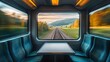 © Kateryna Kordubailo - The interior of a fast-moving train with visible seats and a table, while the countryside outside the window is blurred