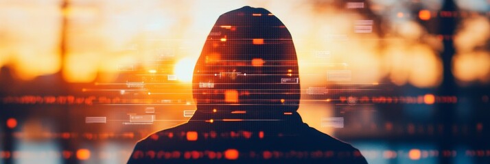 Silhouette of a person hooded against a sunset, overlaid with digital data streams.  A mysterious and intriguing image.