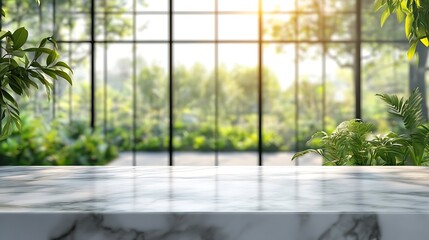 Aufkleber - Marble Tabletop Display with Lush Greenery and Bright Sunlight Background