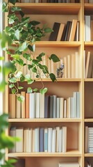 Aufkleber - Wooden Bookshelf with Books and a Lush Green Plant