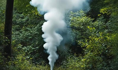 Wall Mural - Mysterious White Smoke Rising in Dense Green Forest Creating Enigmatic Atmosphere of Nature and Wilderness with Sunlight Filtering Through Leaves