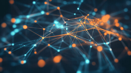 dynamic canvas of interconnected dots and lines visualizes complex network, with glowing orange and 