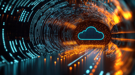 Fototapete - vibrant digital tunnel representing cloud technology, featuring glowing lines and stylized cloud icon. scene conveys sense of speed and connectivity in digital realm