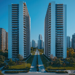 Poster - Modern architecture high rise buildings urban landscape residential complex city skyline green space pathway contemporary design sunlight clear sky
