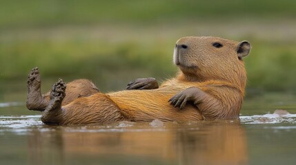 a playful capybara rolling in the mud, its fur covered in earthy tones as it enjoys the moment.