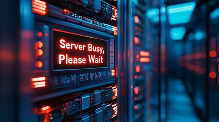 A modern, fully functional data center, with an illuminated server rack warning: 