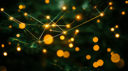 vibrant digital network of glowing lines and dots overlays blurred green background, creating festive and dynamic atmosphere