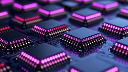 Elegant A quantum computing lab with an array of interconnected photonic chips glowing under ultraviolet light symbolizing the future of computing 