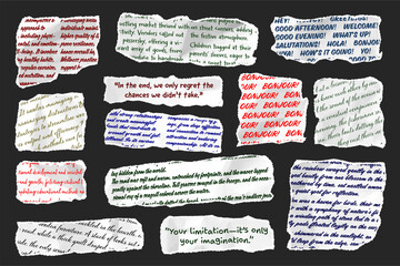 Wall Mural - ripped paper strips with handwritten text. realistic crumpled paper scraps with torn edges. shreds o