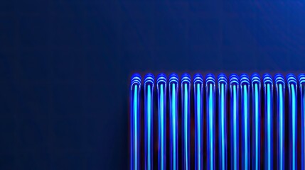 Sticker - blue glowing rods arranged vertically on a deep blue background, with copy space