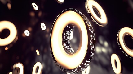 Wall Mural - Golden rings float; interior lights glow in a dark space, bokeh background