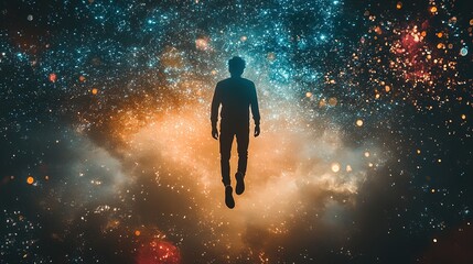 Wall Mural - person floating in a cosmic void, surrounded by abstract lights and colors