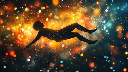 Wall Mural - person floating in a cosmic void, surrounded by abstract lights and colors