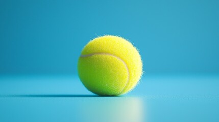A tennis ball is sitting on a blue surface