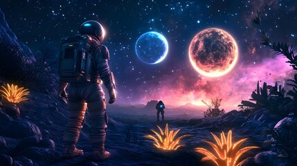 Wall Mural - a breathtaking alien planet landscape with two moons in the sky, glowing plants, and an explorer in 