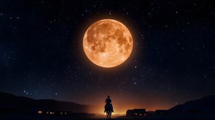Wall Mural - a lone cowboy riding through a ghost town under the eerie glow of a full moon.