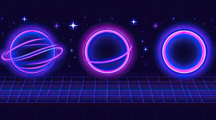 Wall Mural - Neon glowing planets, retro futuristic space design