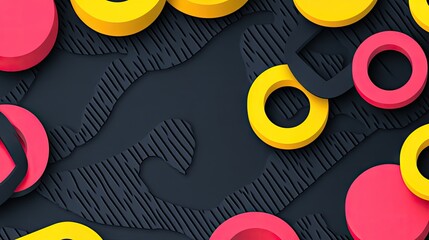 Wall Mural - Rings scatter above layered abstract shapes with patterned texture in a 3D digital space