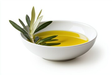 Poster - Olive Oil in White Bowl with Fresh Olive Branch Capturing Natural Golden Hue and Healthy Lifestyle Simple Still Life