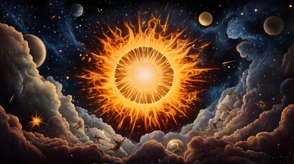 Wall Mural - a cosmic battle between celestial beings, stars and planets shattering in the background.