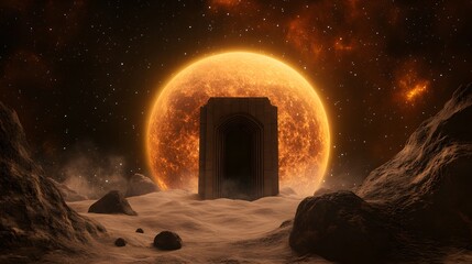 Wall Mural - an ancient ruin floating in space, surrounded by swirling cosmic dust and alien artifacts.