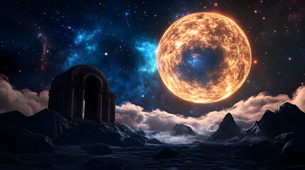 Wall Mural - an ancient ruin floating in space, surrounded by swirling cosmic dust and alien artifacts.