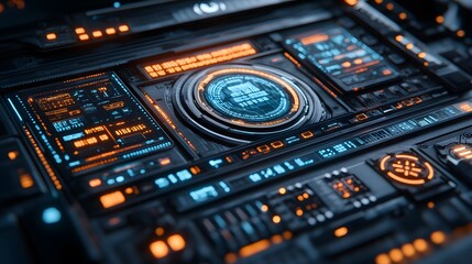 Close up of a futuristic control panel with glowing displays