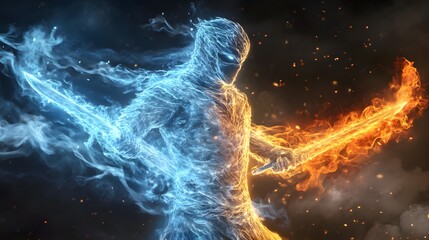 Wall Mural - a mystical warrior wielding twin blades infused with elemental fire and ice.