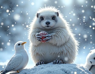 Wall Mural - a charming arctic creature holding a snowy heart