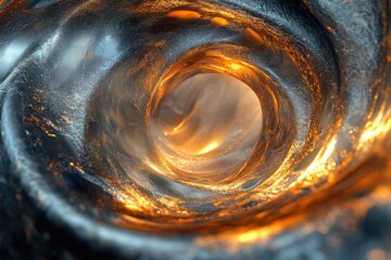 Aufkleber - A swirling vortex of metallic liquid, glowing with inner fire, creates a mesmerizing tunnel of light and shadow.