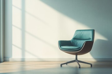 Fototapete - A teal leather swivel chair sits in a sunlit room against a minimalist, pale wall.