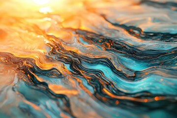Fototapete - Abstract artwork depicting flowing, layered paint in teal, orange, and black, resembling a liquid landscape.