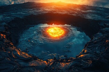 Aufkleber - Molten lava glows intensely within a dark, volcanic crater, reflecting on the still water.