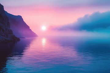 Wall Mural - serene sunset over calm ocean waters, a picturesque cliff silhouetted against a vibrant sky.