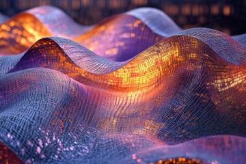 Aufkleber - Abstract image of a woven fabric with flowing, wave-like formations illuminated with warm and cool light.