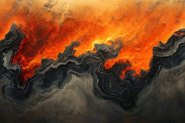 Poster - Fiery lava flows through a dark, textured landscape, creating a mesmerizing abstract pattern of intense heat and shadows.