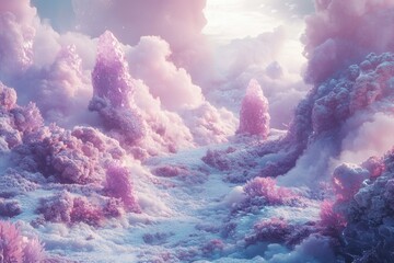 Wall Mural - surreal landscape of pastel pink crystalline formations rising from a fluffy, snow-covered terrain u