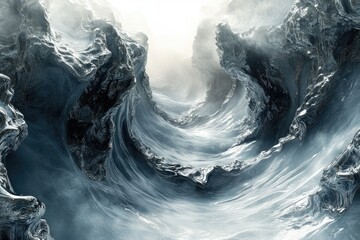 Fototapete - A mesmerizing digital art depicting a surreal icy landscape with waves forming rocky structures, creating a mystical and ethereal scene.